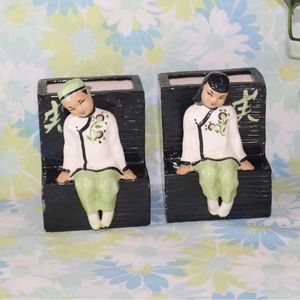 Black green Amy Leslie Hollywood ceramic hanging planters with Asian figurines